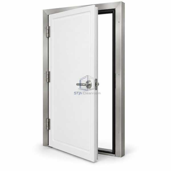 STjh wraparound compression-seal cleanroom door on white, slightly open to reveal the fixed dark perimeter gasket.