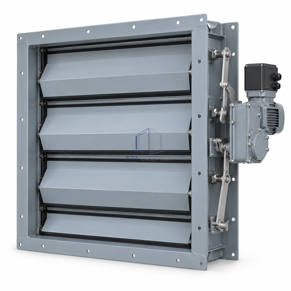 STJH-AIRTIGHT-SHUT-OFF-DAMPER-1000X1000-ELECTRIC main view on white with geared motor and large square frame