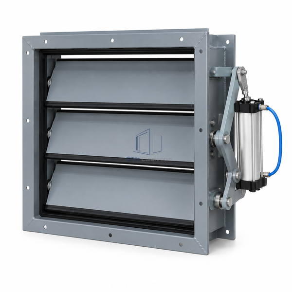 STJH-AIRTIGHT-SHUT-OFF-DAMPER-800X755-PNEUMATIC white-background main image showing pneumatic cylinder and sealing frame