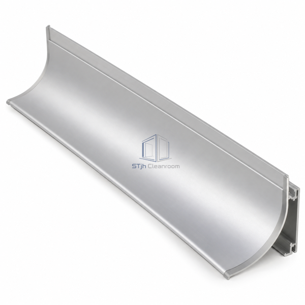 STJH large-radius aluminum cleanroom cove and mounting clip with broad complete curved profile on white