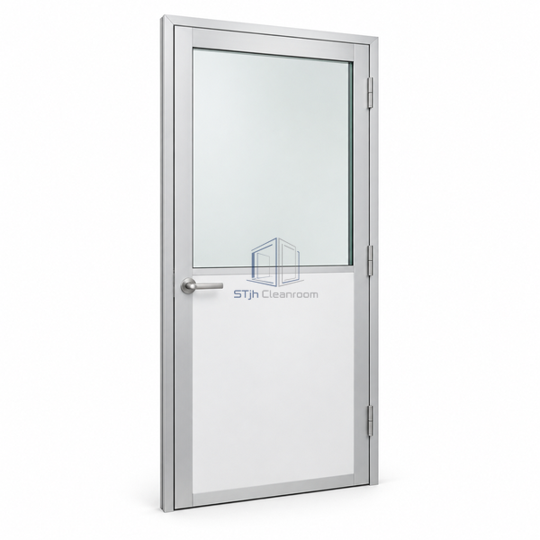 STjh 1000 mm half-vision aluminum cleanroom door shown on white with upper glazing and an opaque lower section.