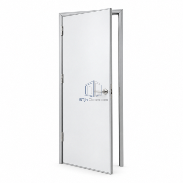 STjh 800 mm solid aluminum-faced cleanroom door against white, with a narrow opaque blade and silver perimeter.