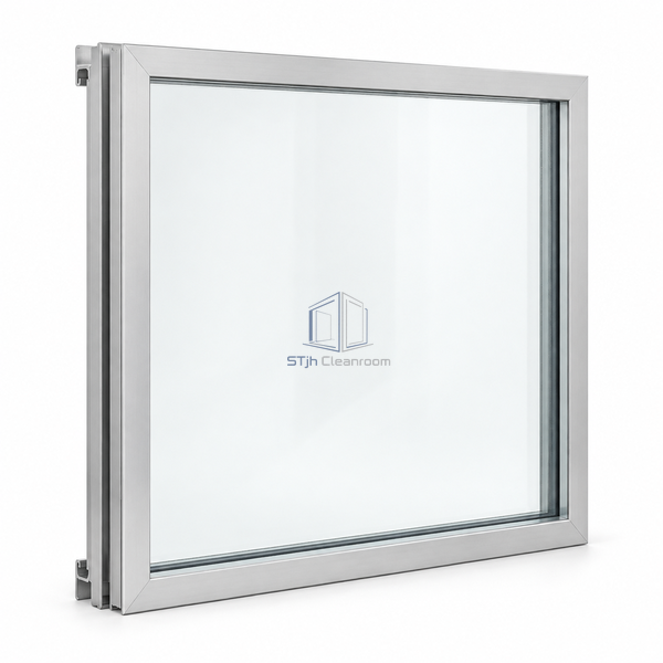 STjh hooked two-part aluminum cleanroom window on white, with bonded clear glass and discreet hook profiles visible along its rear edge.