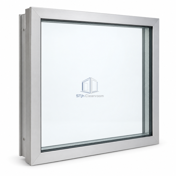 STjh on-panel aluminum observation window on white, with two clear panes and a continuous perimeter spacer inside the silver profile frame.