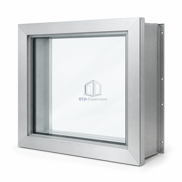 STjh screw-and-clip aluminum cleanroom window on white, showing a deep paired frame with side fixing holes and a clipped opposing glazing face.