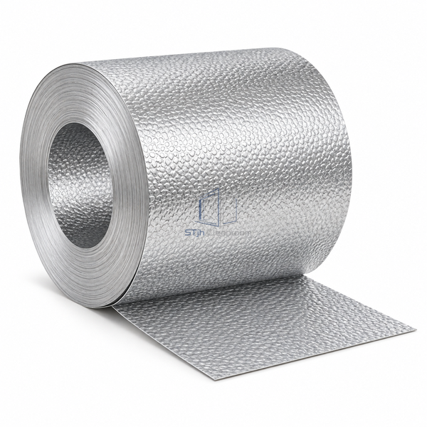 STJH-ALUMINUM-INSULATION-JACKETING-STUCCO-05MM main view on white showing embossed aluminum coil and textured tail