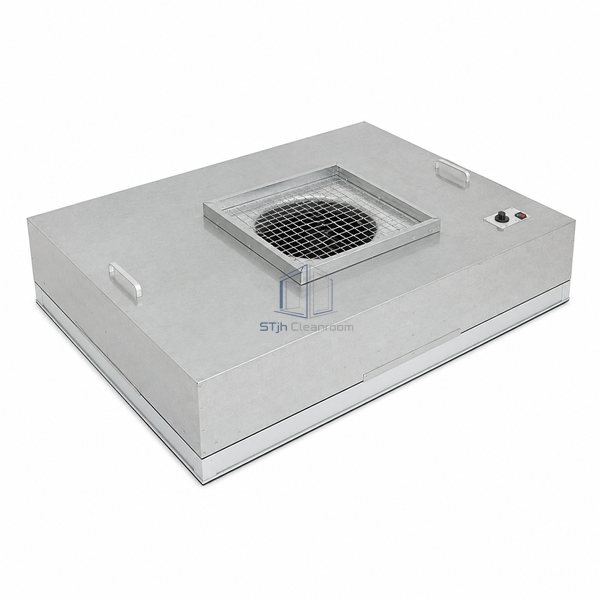 STjh large square 1175 mm aluzinc FFU with a compact central intake collar and shallow lower filter frame
