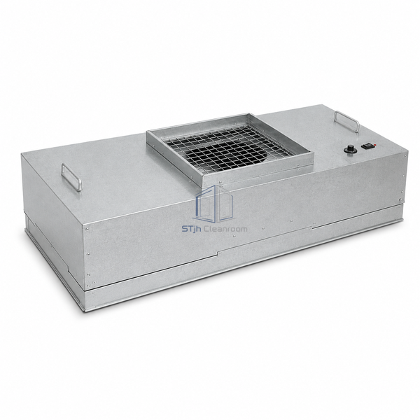 STjh 1175 x 575 mm aluzinc FFU with a long narrow casing, central wire-guarded intake and two carrying handles