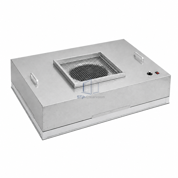 STjh 1175 x 875 mm aluzinc fan filter unit with a broad deck, recessed fan beneath wire mesh and top speed control