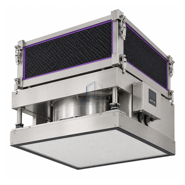 STjh acid-gas AMC chemical-filter FFU with deep impregnated-carbon cassette above the final filter
