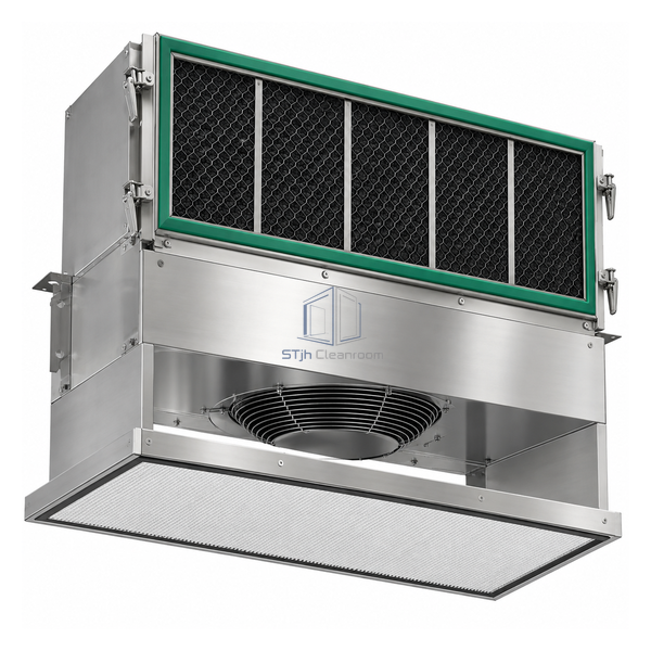 STjh ammonia and amine AMC filter FFU with green-edged impregnated-carbon cassette above the particle filter