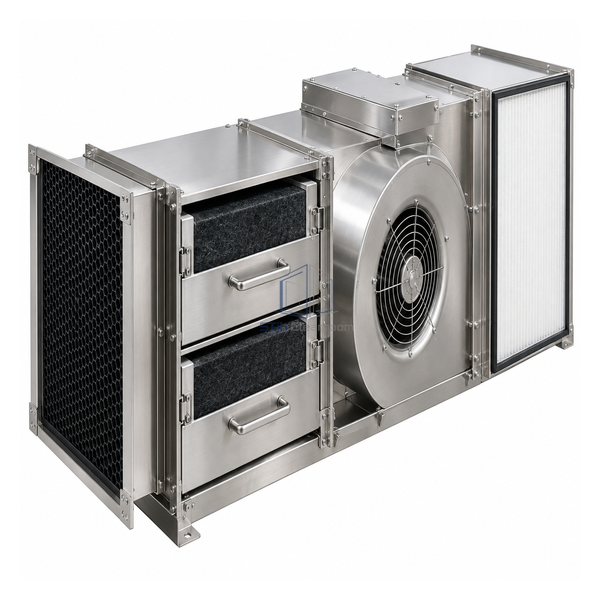 STjh VOC AMC filter FFU with twin activated-carbon service drawers and downstream ULPA filter