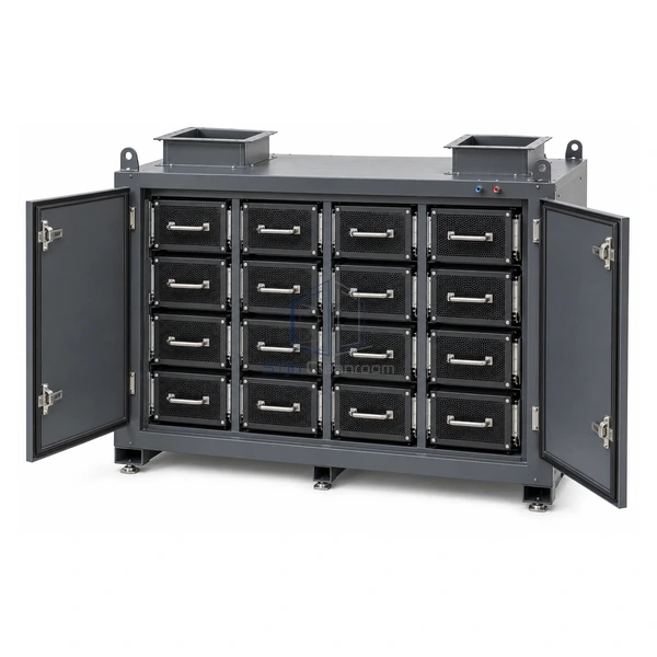 STJH-AMC-FILTRATION-SYSTEM-16CELL-4100 large dark-gray cabinet with sixteen adsorbent drawer cells on a white background