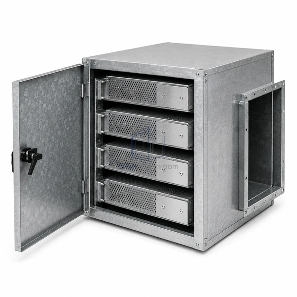 STJH-AMC-FILTRATION-SYSTEM-4CELL-1100 four-cell AMC cabinet with open service door on a white background