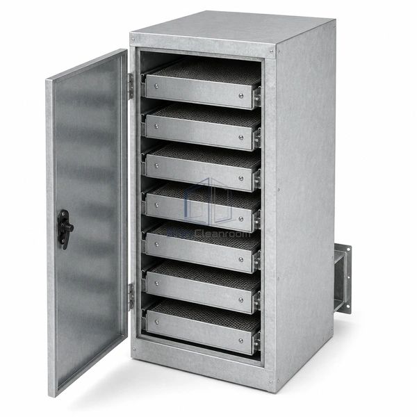 STJH-AMC-FILTRATION-SYSTEM-8CELL-2100 tall eight-cell AMC cabinet with open service door on a white background