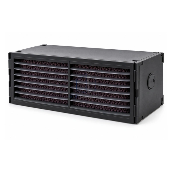 STJH-AMMONIA-REMOVAL-MODULE-610X305X305 wide low-profile black ammonia-removal module with screened granular cells on a white background