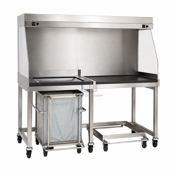 STjh 1800 mm bedding disposal station with separate dumping and cage trolley zones beneath a wide hood