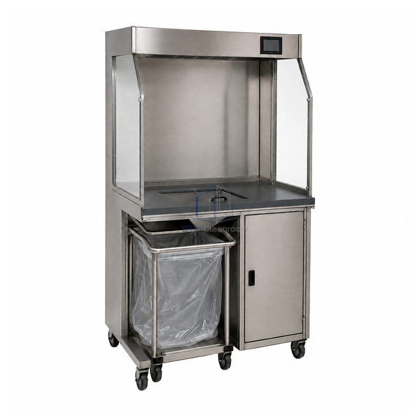 STjh compact bedding disposal station with a polymer dumping surface and removable waste bag trolley