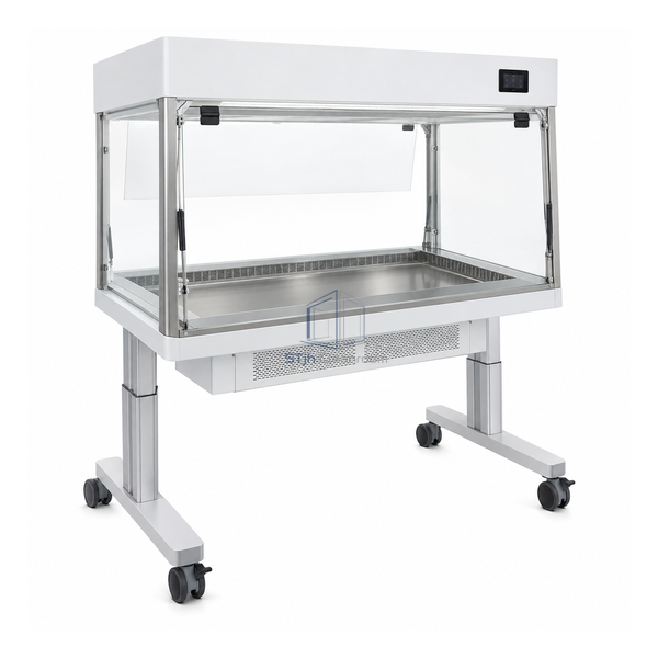 STjh 1200 mm dual-access cage changing station with a recessed steel tray and telescopic mobile support columns
