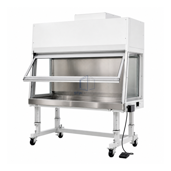 STjh 1500 mm dual-mode cage changing station with slanted glass sash, powered lift stand and foot control