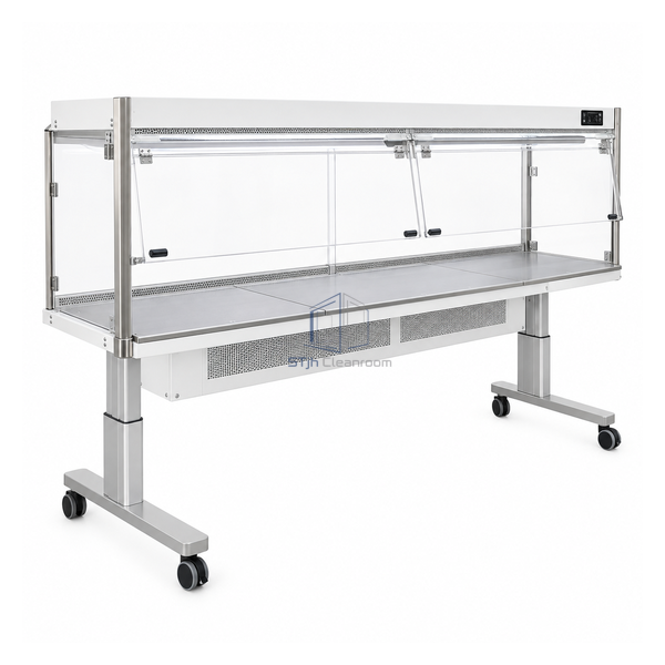 STjh 1500 mm dual-access cage changing station showing a long segmented worktop and divided transparent view screens
