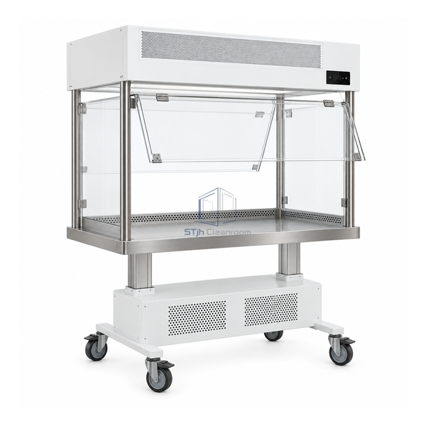 STjh 900 mm dual-access cage changing station with clear hinged screens and a compact wheeled ventilation base