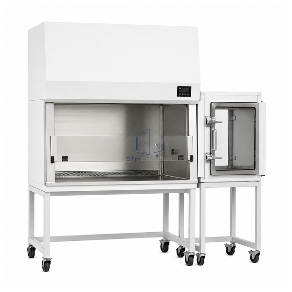 STjh gnotobiotic cage changing cabinet with an attached sealed transfer chamber and stainless work surface