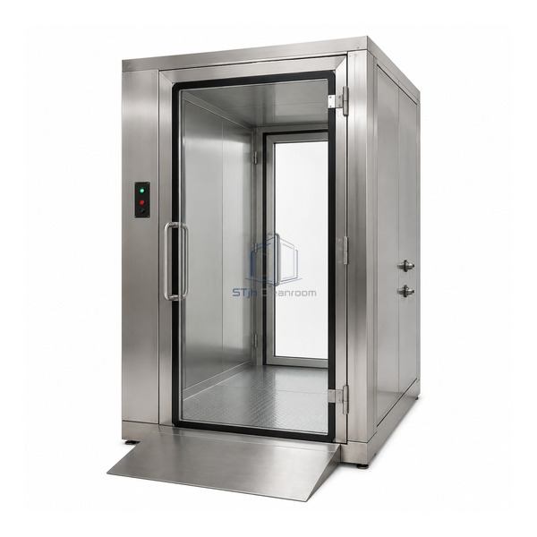 STjh roll-through animal facility transfer chamber with full-height glass doors, perimeter seals and a low loading ramp