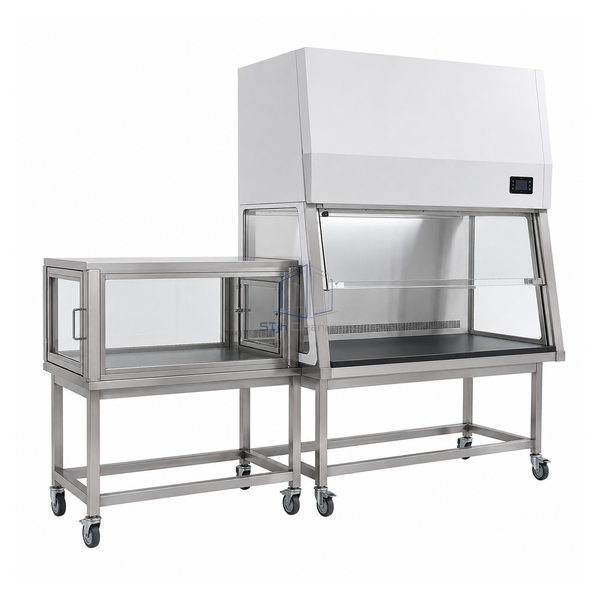 STjh animal reception station with an elongated glazed transfer chamber showing two end door frames