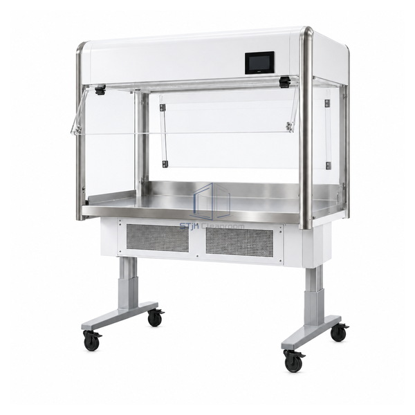STjh 1320 mm standard animal transfer station with dual access shields and a dished stainless worktop