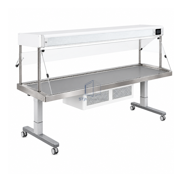 STjh 1580 mm long animal transfer station with an extended gray work surface and adjustable wheeled base