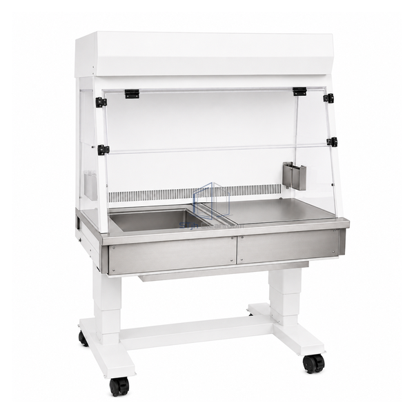 STjh 1224 mm mouse transfer station showing a recessed clean-side deep well and divided stainless worktop