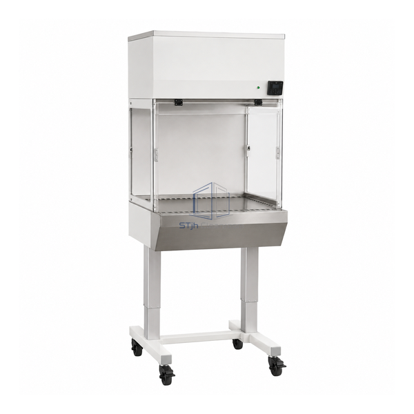 STjh 1067 mm single-sided animal transfer station with a flat stainless work tray and compact motorized stand