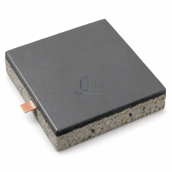 STJH NOVOLAC-08 cured antistatic floor sample showing a smooth novolac face and conductive underlayer edge on white