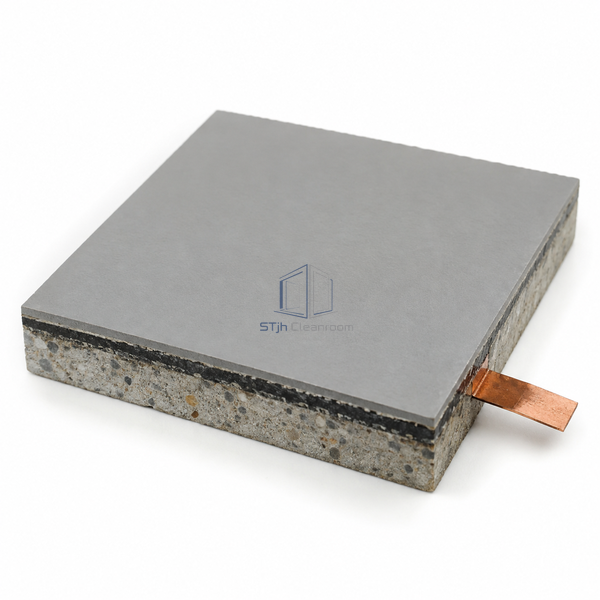 STJH PU-CAPPED-20 cured antistatic flooring sample showing a matte cap above an epoxy body at the cut edge on white
