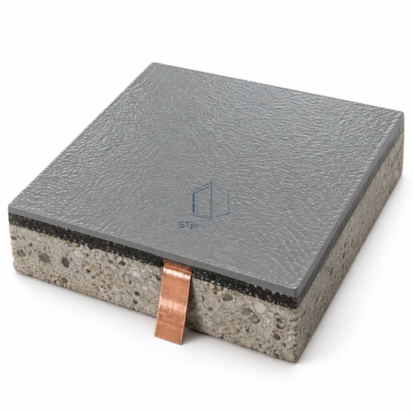 STJH TEXTURED-10 antistatic epoxy sample with a textured gloss face and shallow conductive-layer cut edge on white