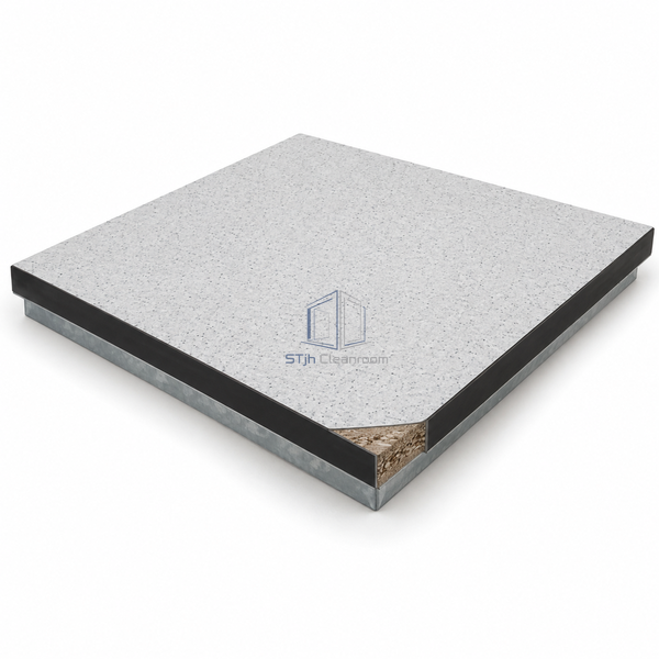 STJH 40 mm woodcore HPL raised-access floor panel shown complete with laminate top and black perimeter trim on white