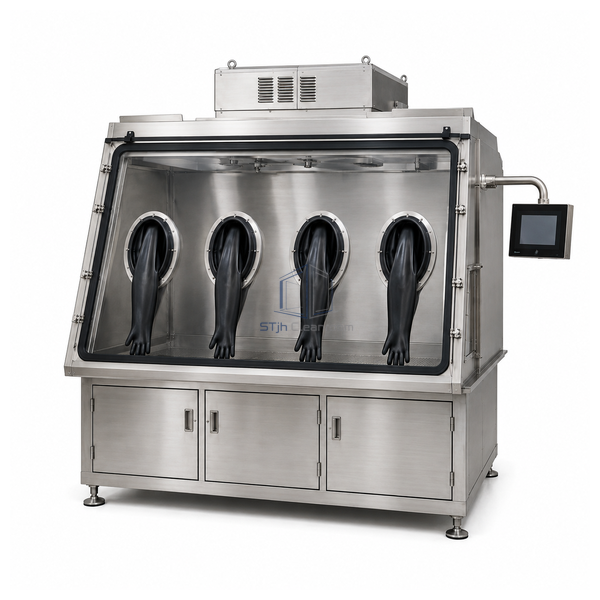 STjh four-glove turbulent-flow aseptic isolator with a compact upper ventilation unit on white