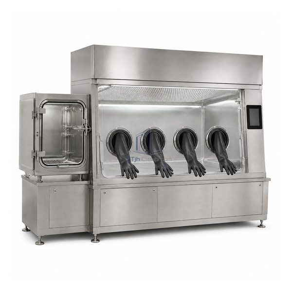 STjh four-glove UDAF aseptic isolator with a separate left decontamination hatch on white