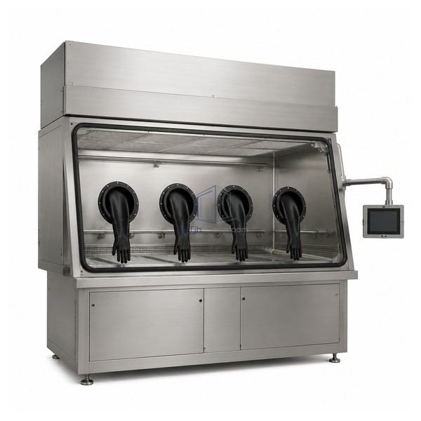 STjh four-glove unidirectional-flow aseptic isolator with a full-width ceiling diffuser on white