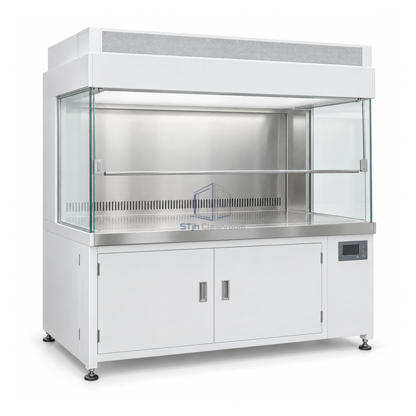 STjh 4 foot aseptic laminar workstation with broad HEPA housing, front sash and lower service cabinet