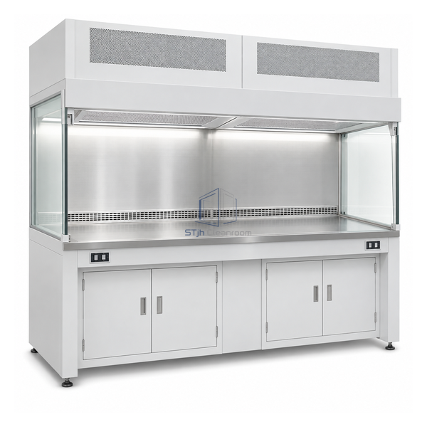 STjh wide 6 foot aseptic laminar workstation with two-section HEPA housing and dual-position work area