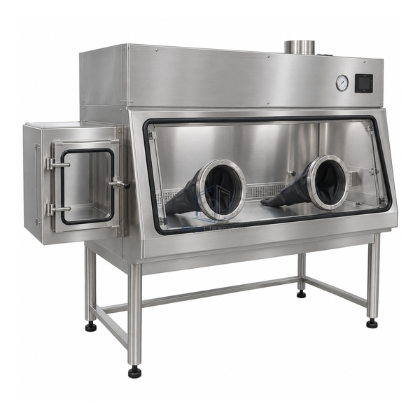 STjh 1150 mm aseptic processing isolator showing its wider two-glove work zone and left glazed transfer airlock