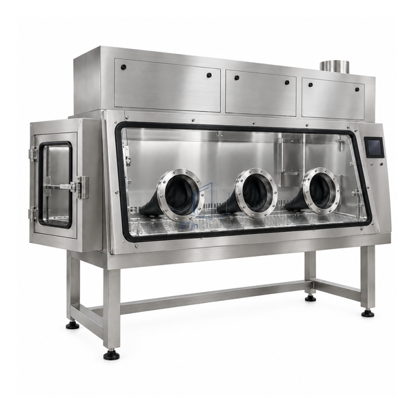STjh 1350 mm aseptic processing isolator with three glove ports and an extended upper service housing