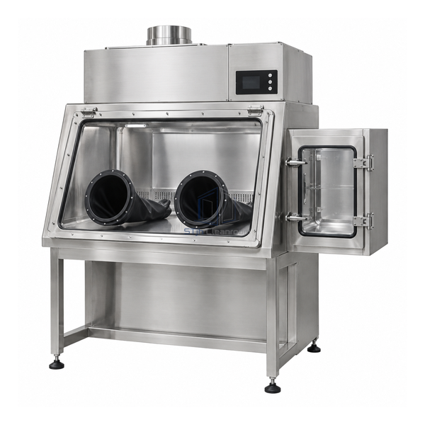 STjh 940 mm aseptic processing isolator with two glove ports, a compact steel chamber and right material airlock