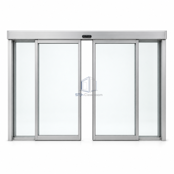 STjh bi-parting automatic sliding door on white with two clear framed leaves opening symmetrically beneath a shared operator.