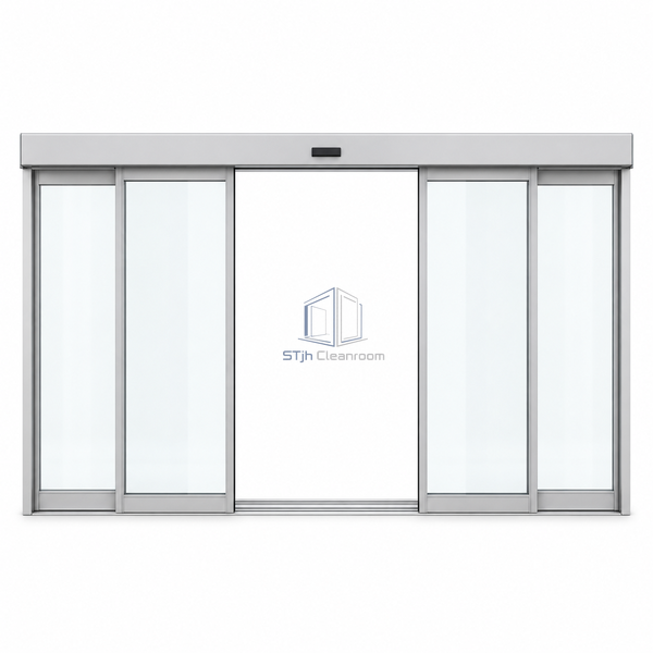 STjh automatic telescopic sliding door on white with four glazed moving leaves forming staggered stacks on both sides of a central opening.