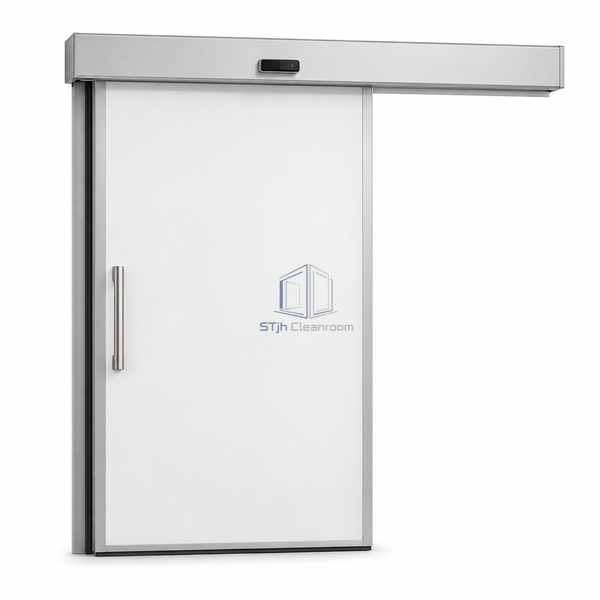STjh opaque laminate automatic hermetic sliding door on white with a solid pale laminate blade and covered lifting operator.