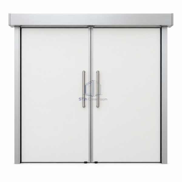 STjh opaque double automatic hermetic door on white with paired HPL leaves, aluminum edges and a long overhead drive cover.