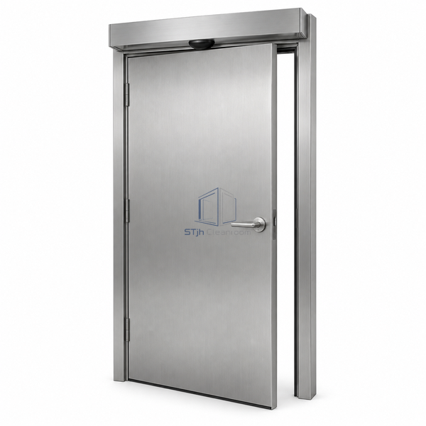 STjh stainless automatic hermetic sliding door on white with an opaque brushed-metal leaf, stainless reveal and overhead operator.